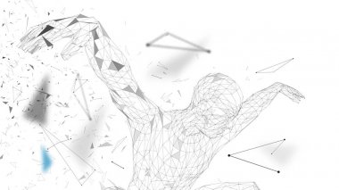 Kavramsal soyut adam. Bağlı çizgiler, noktalar, üçgenler, beyaz arka plan üzerinde parçacıklar. Yapay zeka kavramı. Yüksek teknoloji vektör, dijital arka plan. 3D render vektör çizim.