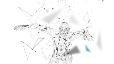 Bir atlama kavramsal soyut adam. Bağlı çizgiler, noktalar, üçgenler, parçacıklar. Yapay zeka kavramı. Yüksek teknoloji vektör, dijital arka plan. 3D render vektör çizim.