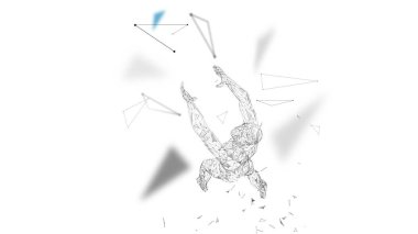 Eller yukarı kavramsal soyut adam. Bağlı çizgiler, noktalar, üçgenler, parçacıklar. Yapay zeka kavramı. Yüksek teknoloji vektör, dijital arka plan. 3D render vektör çizim.