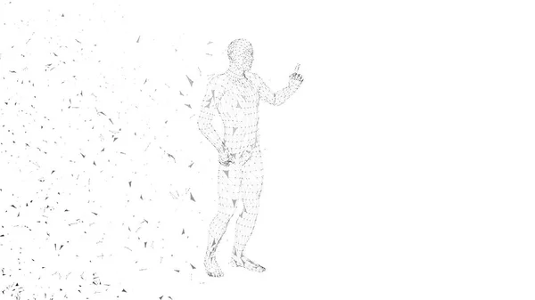 Konceptuální abstraktní muž ukazující prst. Spojené čáry, trojúhelníky, tečky, částice. Koncept umělé inteligence. Špičkové technologie vektorové digitální pozadí. 3D vykreslování vektorové ilustrace — Stockový vektor