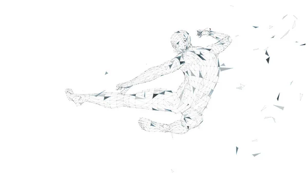 Konceptuella abstrakt mannen hoppar i kung fu kick. Anslutna linjer, prickar, trianglar, partiklar. Artificiell intelligens koncept. Högteknologiska vektor, digital bakgrund. 3D render vektorillustration — Stock vektor