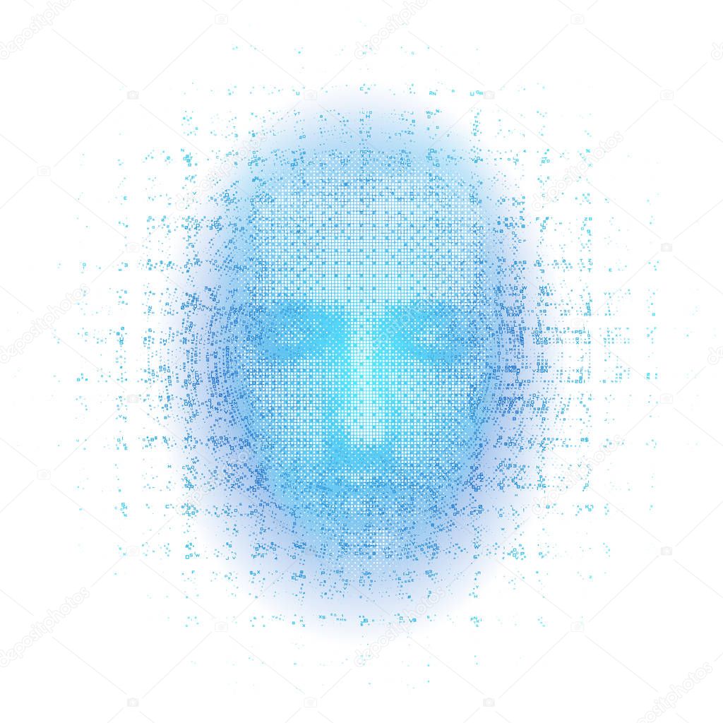 3d rendering of robot face with numbers on white background represent artificial intelligence. Future science, modern technology concept. 3d illustration