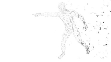 Dokunmadan veya bir şey için işaret eden kavramsal soyut adam. Bağlı çizgiler, noktalar, üçgenler. Yapay zeka kavramı. Yüksek teknoloji vektör dijital arka plan. 3D render vektör çizim