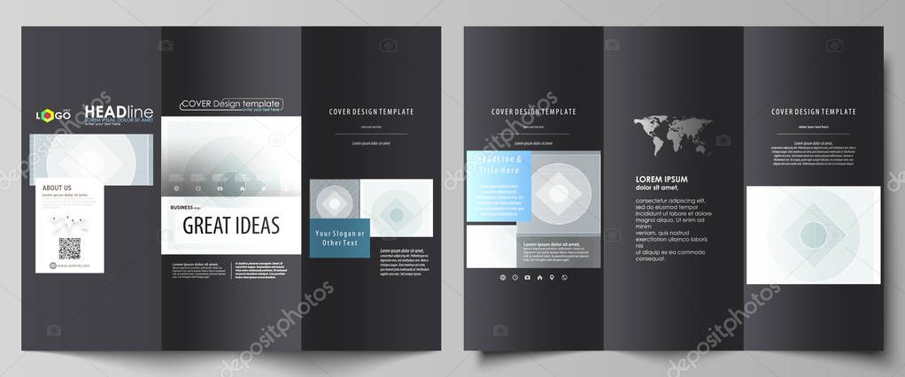 Tri-fold brochure business templates on both sides. Easy editable abstract vector layout in flat design. Minimalistic background with lines. Gray color geometric shapes forming beautiful pattern.