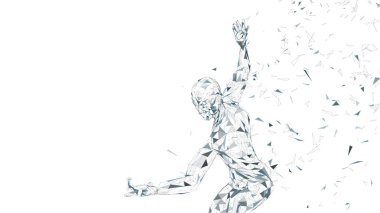 Kavramsal soyut adam savaşmaya hazır. Bağlı çizgiler, noktalar, üçgenler, parçacıklar. Yapay zeka kavramı. Yüksek teknoloji vektör, dijital arka plan. 3D render vektör çizim