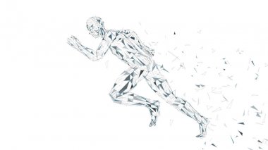 Kavramsal soyut çalışan adam. Runner bağlı çizgiler, noktalar, üçgenler ile. Yapay zeka, dijital spor kavram. Yüksek teknoloji vektör dijital arka plan. 3D render vektör çizim