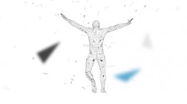 Kavramsal soyut adam. Bağlı çizgiler, noktalar, üçgenler, beyaz arka plan üzerinde parçacıklar. Yapay zeka kavramı. Yüksek teknoloji vektör, dijital arka plan. 3D render vektör çizim.