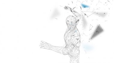 Kavramsal soyut adam güçlü yumruk yapıyor. Bağlı çizgiler, noktalar, üçgenler, parçacıklar. Yapay zeka kavramı. Yüksek teknoloji vektör, dijital arka plan. 3D render vektör çizim