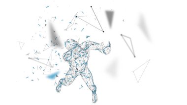 Eller yukarı kavramsal soyut adam. Bağlı çizgiler, noktalar, üçgenler, parçacıklar. Yapay zeka kavramı. Yüksek teknoloji vektör, dijital arka plan. 3D render vektör çizim.