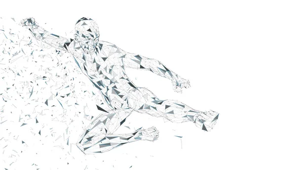 Hombre abstracto conceptual saltando en patada de kung fu. Líneas conectadas, puntos, triángulos, partículas. Concepto de inteligencia artificial. Vector de alta tecnología, fondo digital. Ilustración de vector de renderizado 3D — Vector de stock