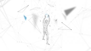 Kavramsal soyut adam dünya küre tutar. Bağlı çizgiler, noktalar, üçgenler, parçacıklar. Yapay zeka kavramı. Yüksek teknoloji vektör, dijital arka plan. 3D render vektör çizim.