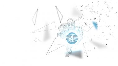 Kavramsal soyut adam dünya küre tutar. Bağlı çizgiler, noktalar, üçgenler, parçacıklar. Yapay zeka kavramı. Yüksek teknoloji vektör, dijital arka plan. 3D render vektör çizim.