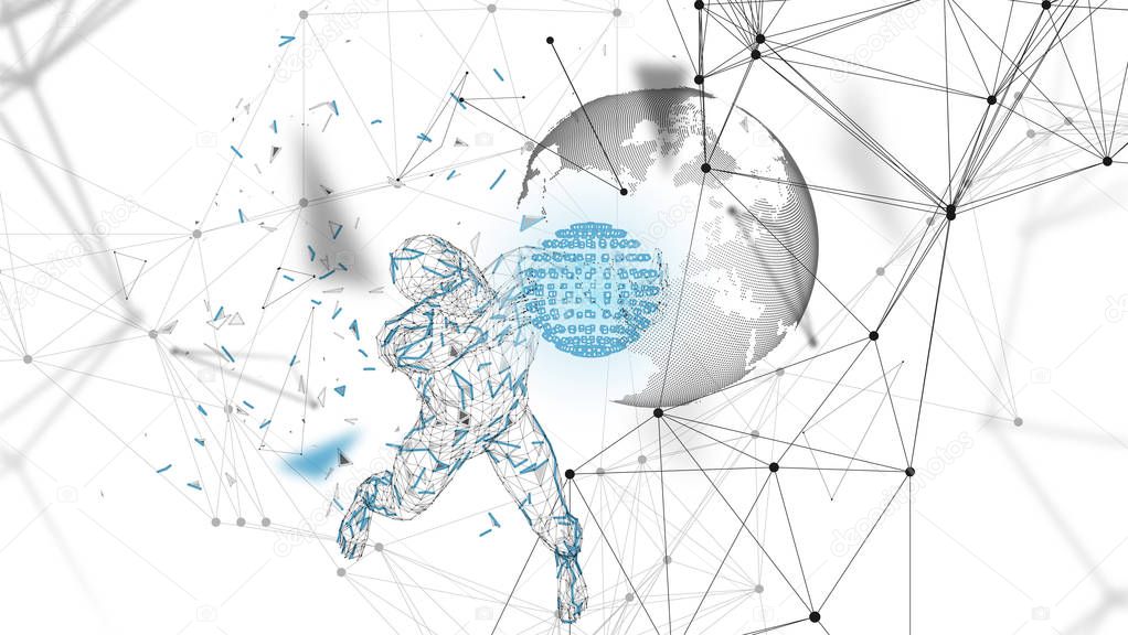 Conceptual abstract man holds a world globe. Connected lines, dots, triangles, particles. Artificial intelligence concept. High technology vector, digital background. 3D render vector illustration.