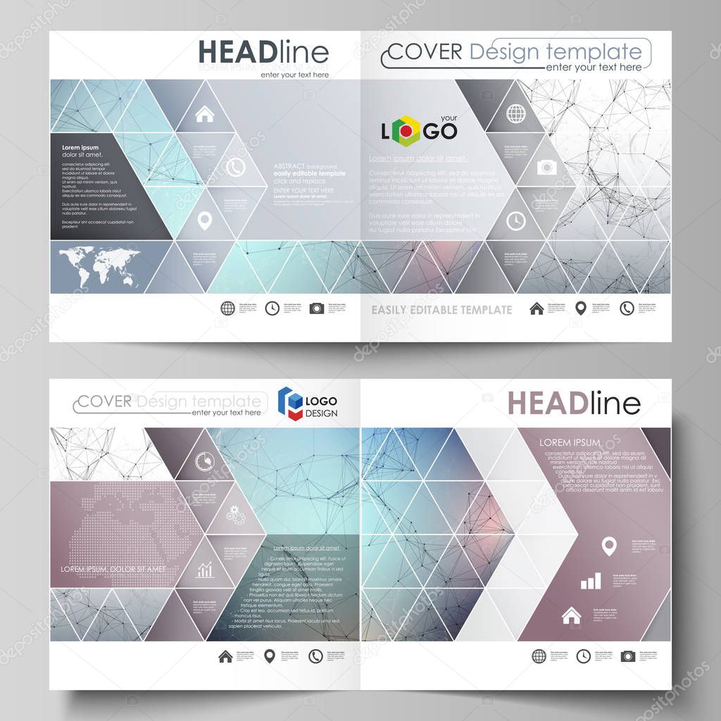 Business templates for square design bi fold brochure, flyer, report. Leaflet cover, vector layout. Compounds lines and dots. Big data visualization in minimal style. Graphic communication background.