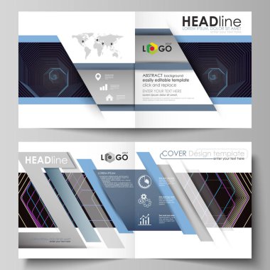 İş şablonları için kare BI kat broşür, dergi, el ilanı. Kapak broşür, vektör düzen düz. Poligonal arka plan ile altıgen yanarak bahislerin doğru. Siyah renkli geometrik tasarım, altıgen geometri.