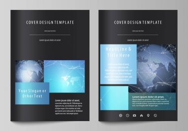 A4 formatında düzenlenebilir yerleşimini siyah renkli vektör çizim tasarım şablonları için broşür, dergi, broşür, kitapçık kapsar. Soyut küresel tasarım. Kimya desen, molekül yapısı.