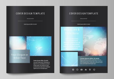 A4 formatında düzenlenebilir yerleşimini siyah renkli vektör çizim tasarım şablonları için broşür, dergi, broşür, kitapçık kapsar. Molekül yapısı. Bilim, teknoloji kavramı. Köşeli tasarım.