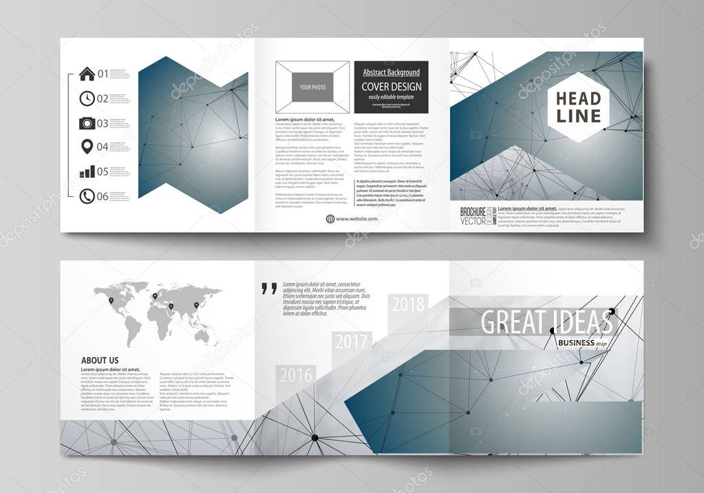 Set of business templates for tri fold square design brochures. Leaflet cover, abstract vector layout. DNA and neurons molecule structure. Medicine, science, technology concept. Scalable graphic.