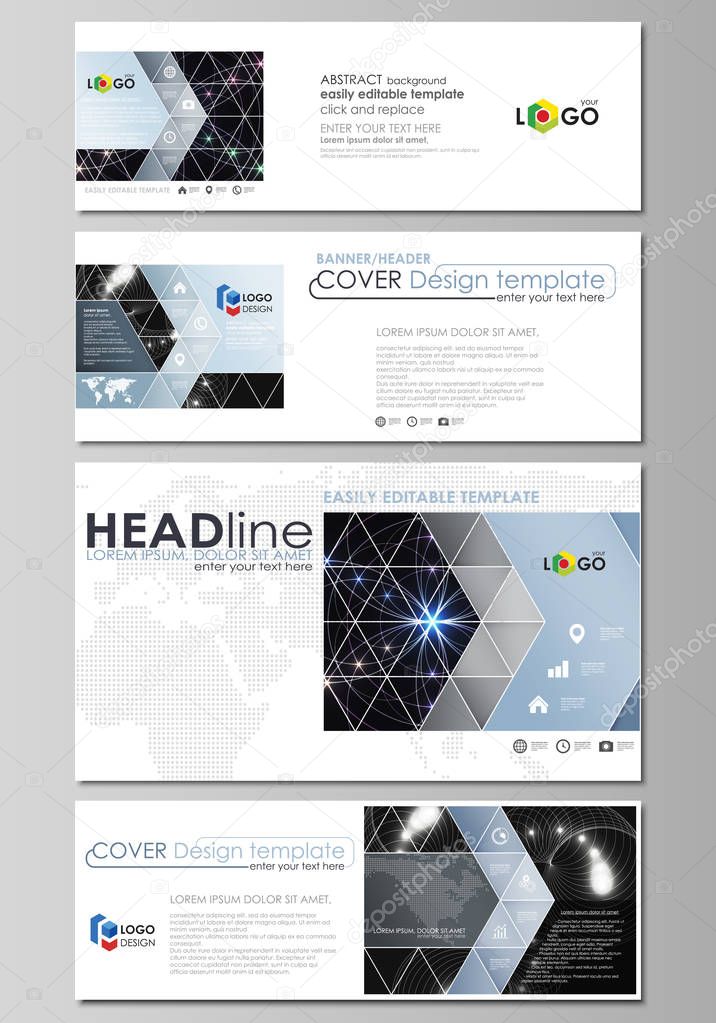 Social media and email headers set, modern banners. Business templates. Abstract design template, vector layouts in popular sizes. Sacred geometry, glowing geometrical ornament. Mystical background.