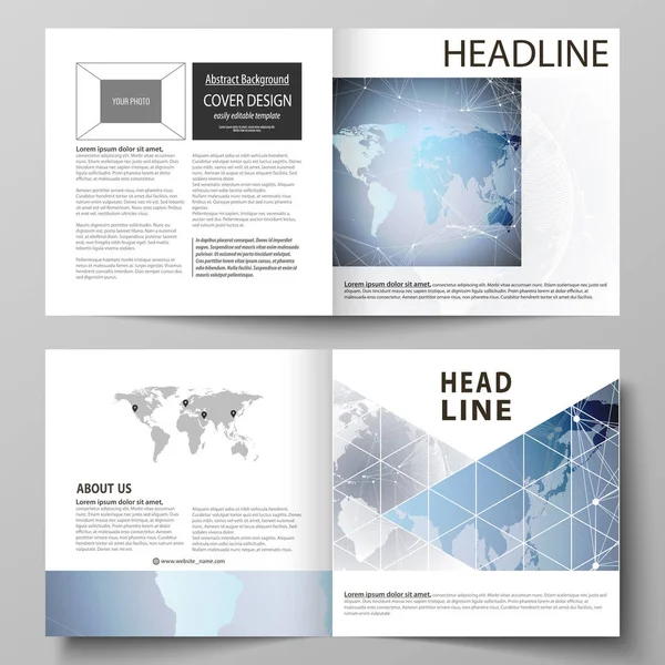 La ilustración vectorial de la disposición editable de dos plantillas de cubiertas para el folleto de doble pliegue de diseño cuadrado, revista, folleto, folleto. Concepto tecnológico. Estructura molecular, conexión de fondo . — Archivo Imágenes Vectoriales