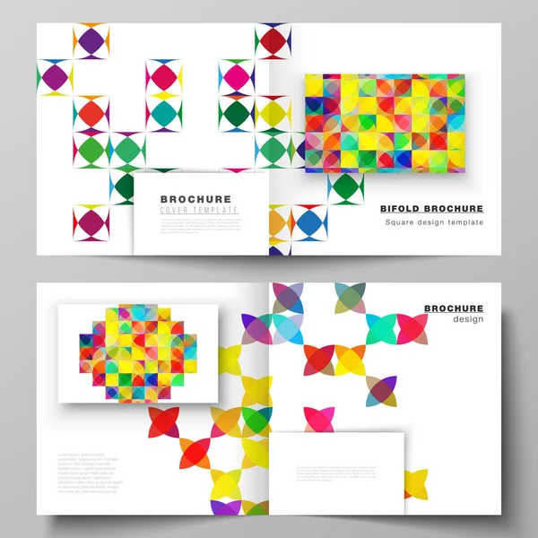 O layout de ilustração vetorial de dois modelos de capas para brochura bifold de design quadrado, revista, folheto, livreto. Fundo abstrato, padrão de mosaico geométrico com círculos brilhantes, formas geométricas —  Vetores de Stock