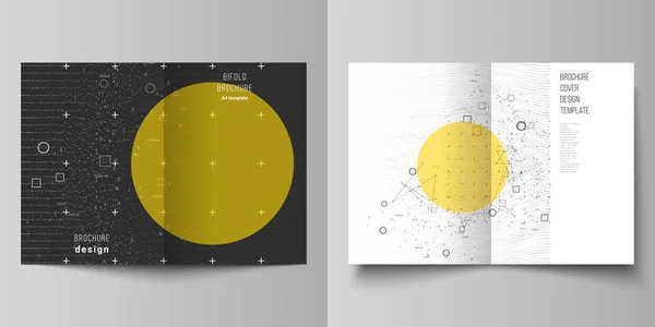 Diseño vectorial de dos maquetas de portada moderna en formato A4: plantillas de diseño para folleto bifold, volante, folleto. Ciencia o tecnología 3d fondo con partículas dinámicas. Concepto de química y ciencia . — Archivo Imágenes Vectoriales