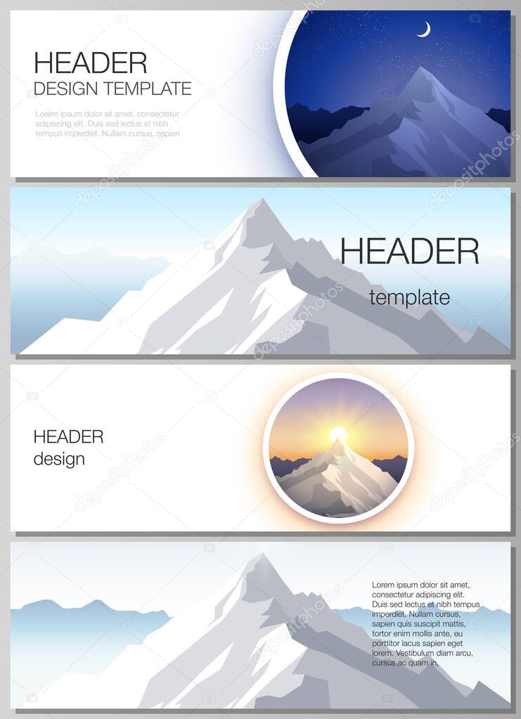 The minimalistic vector illustration of the editable layout of headers, banner design templates. Mountain illustration, outdoor adventure. Travel concept background. Flat design vector.