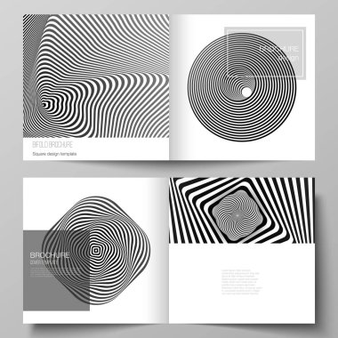 Kare tasarım broşürü, dergi, broşür, broşür, broşür ve broşür için iki kapağın vektör düzeni. Optik illüzyon siyah ve beyaz tasarım desenli soyut üç boyutlu geometrik arkaplan.