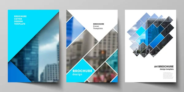 De vector lay-out van A4-formaat moderne cover mockups ontwerpsjablonen voor brochure, tijdschrift, flyer, boekje, jaarverslag. Abstracte geometrische patroon creatieve moderne blauwe achtergrond met rechthoeken. — Stockvector