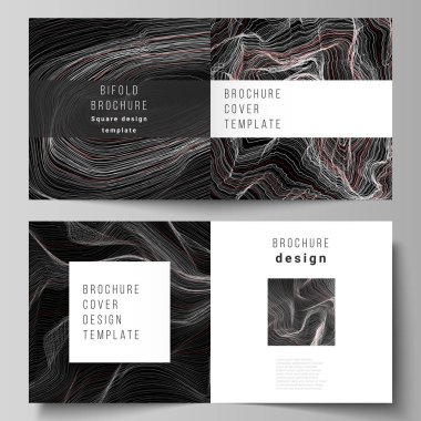 Kare tasarım çift katlı broşür, dergi, broşür, broşür ve kitapçık için düzenlenebilir iki kapak şablonunun siyah renkli vektör çizimi. 3 boyutlu ızgara yüzeyi, dalgalı vektör arkaplanı ve dalga etkisi
