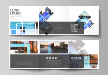 Kare biçiminin minimum vektör düzenlenebilir düzeni, üç katlı broşür, broşür ve dergi için tasarım şablonlarını kapsar. Yaratıcı moda modelleri, mavi renkli moda tasarım arka planı.