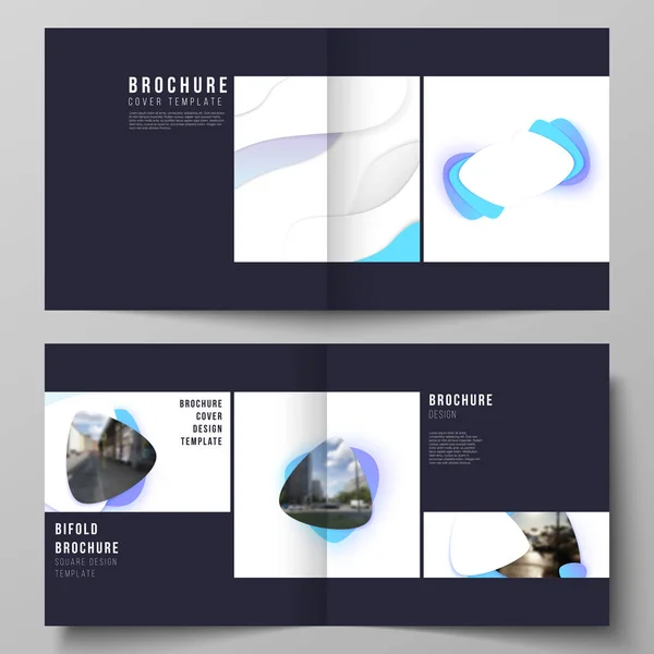 The vector illustration layout of two covers templates for square design bifold brochure, magazine, flyer, booklet. Blue color gradient abstract dynamic shapes, colorful geometric template design. — Stock Vector