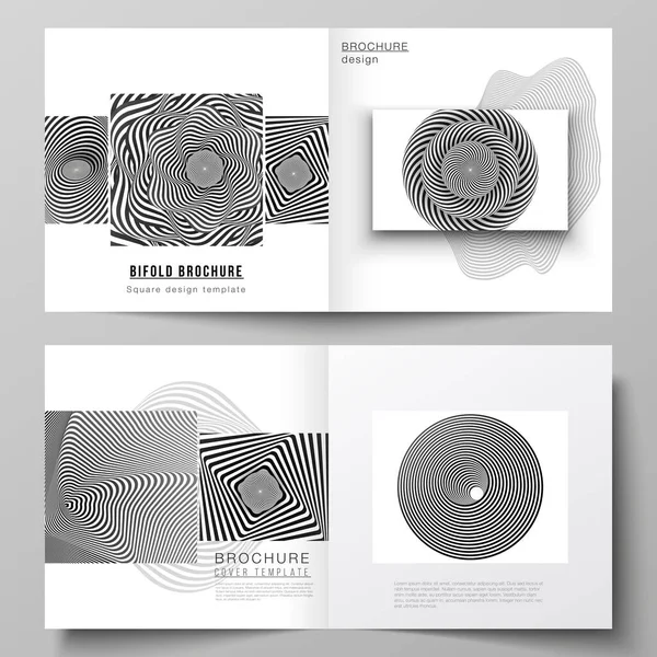 The vector layout of two covers templates for square design bifold brochure, magazine, flyer, booklet. Abstract 3D geometrical background with optical illusion black and white design pattern. — Stock Vector