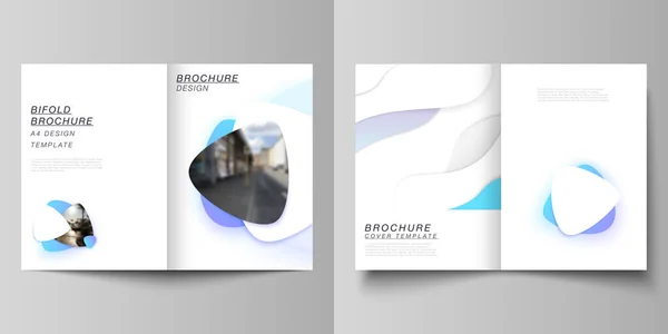 Vector lay-out van twee A4-formaat moderne cover mockups ontwerpsjablonen voor Bifold brochure, tijdschrift, flyer, boekje. Blauwe kleurovergang abstracte dynamische vormen, kleurrijke geometrische sjabloonontwerp. — Stockvector