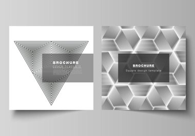 Broşür, broşür, broşür ve dergi için düzenlenebilir iki kare formatın en az vektör çizimi. Soyut geometrik üçgen dizayn arkaplanı üçgen biçimlerini kullanır