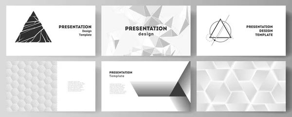 プレゼンテーションスライドデザインビジネステンプレートの最小限の抽象ベクトルイラストレイアウト。概要異なる三角形の文様を用いた幾何学的三角形の背景. — ストックベクタ