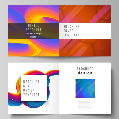 Kare tasarım broşürü, dergi, broşür, broşür, broşür ve broşür için iki kapak modelinin vektör çizimi. Geleceksel teknoloji tasarımı, akışkan gradyan şekilli renkli arkaplanlar.