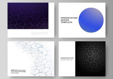 Sunum sunumunun vektör düzeni iş şablonları dizayn eder. Dijital teknoloji ve altıgenli büyük veri konsepti, noktaları ve çizgileri birleştirme, çokgen bilim tıbbi geçmişi.