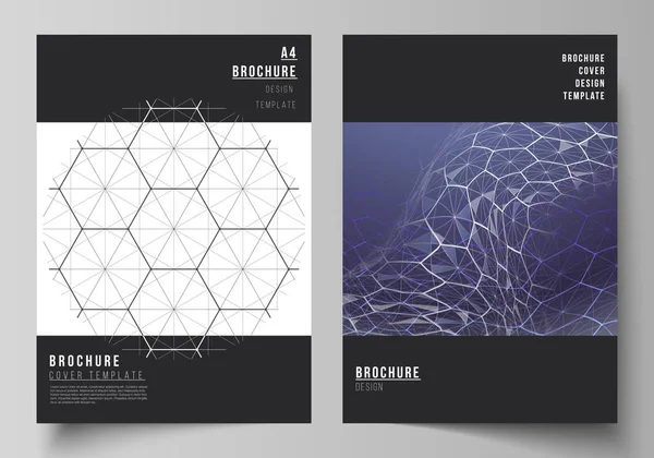 Diseño vectorial de la cubierta de formato A4 maquetas de diseño de plantillas para folleto, volante. Tecnología digital y concepto de big data con hexágonos, puntos de conexión y líneas, fondo médico de ciencia poligonal. — Archivo Imágenes Vectoriales