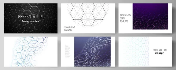 Das Vektorlayout der Präsentationsfolien gestaltet Geschäftsvorlagen. Digitale Technologie und Big-Data-Konzept mit Sechsecken, Verbindungspunkten und Linien, polygonaler wissenschaftlicher medizinischer Hintergrund. — Stockvektor