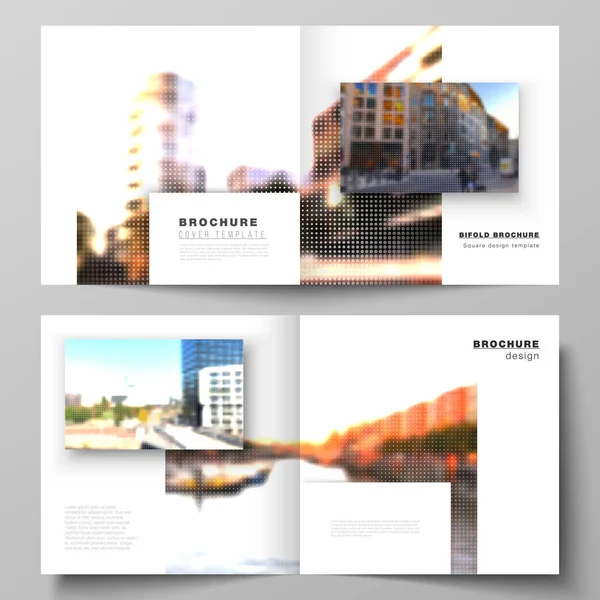 Vector lay-out van twee covers sjablonen voor vierkant ontwerp bifold brochure, flyer, omslag ontwerp, boek ontwerp, brochure cover. Abstracte halftoon effect decoratie met stippen. Dotted patroon decoratie. — Stockvector