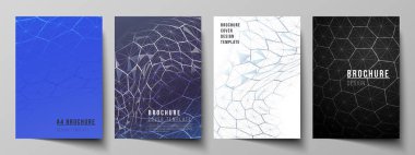 Broşür ve broşür için A4 biçimli kapak modelinin vektör düzeni. Dijital teknoloji ve altıgenli büyük veri konsepti, noktaları ve çizgileri birleştirme, çokgen bilim tıbbi geçmişi.