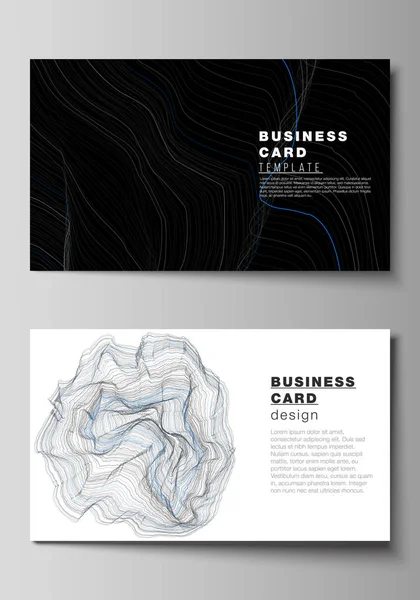 Die minimalistische abstrakte Vektorillustration des editierbaren Layouts zweier kreativer Visitenkarten-Designvorlagen. glatte Rauchwelle, High-Tech-Konzept schwarze Farbe Techno-Hintergrund. — Stockvektor