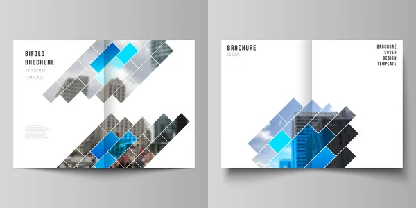 Vector lay-out van twee A4-formaat moderne cover mockups ontwerpsjablonen voor Bifold brochure, tijdschrift, flyer, boekje, rapport. Abstracte geometrische patroon creatieve moderne blauwe achtergrond met rechthoeken. — Stockvector