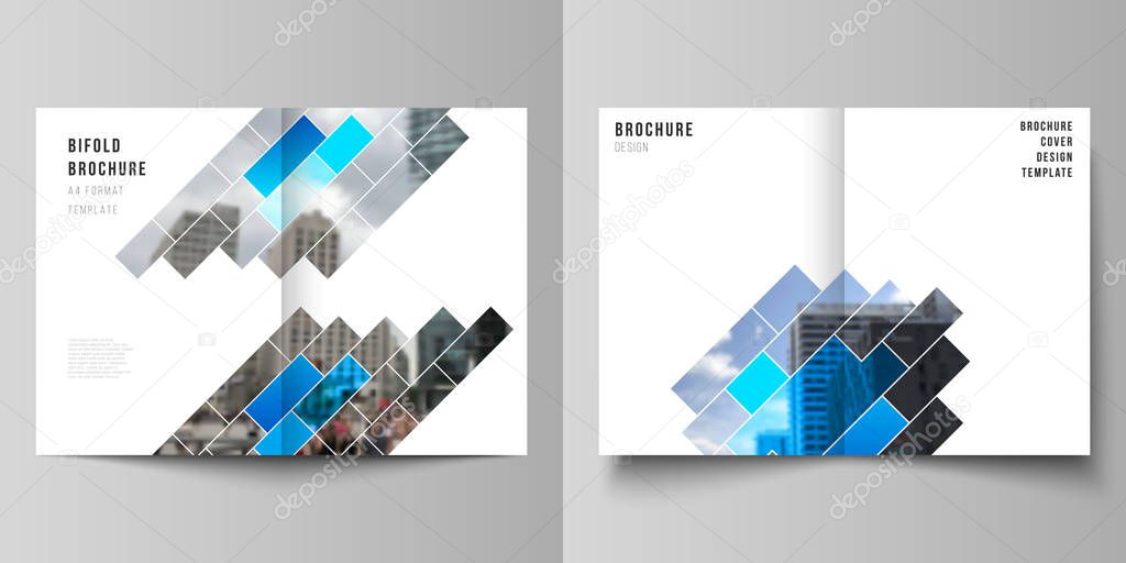 Vector layout of two A4 format modern cover mockups design templates for bifold brochure, magazine, flyer, booklet, report. Abstract geometric pattern creative modern blue background with rectangles.