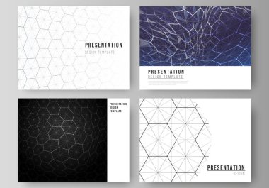 Sunum sunumunun vektör düzeni iş şablonları dizayn eder. Dijital teknoloji ve altıgenli büyük veri konsepti, noktaları ve çizgileri birleştirme, çokgen bilim tıbbi geçmişi.