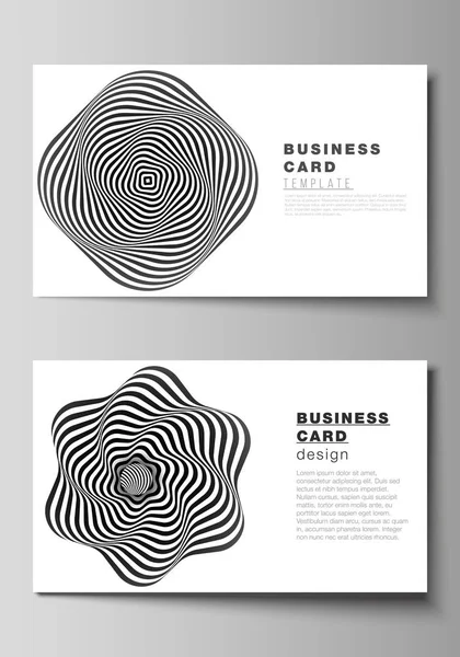 The minimalistic abstract vector illustration layout of two creative business cards design templates. Abstract 3D geometrical background with optical illusion black and white design pattern. — Stock Vector