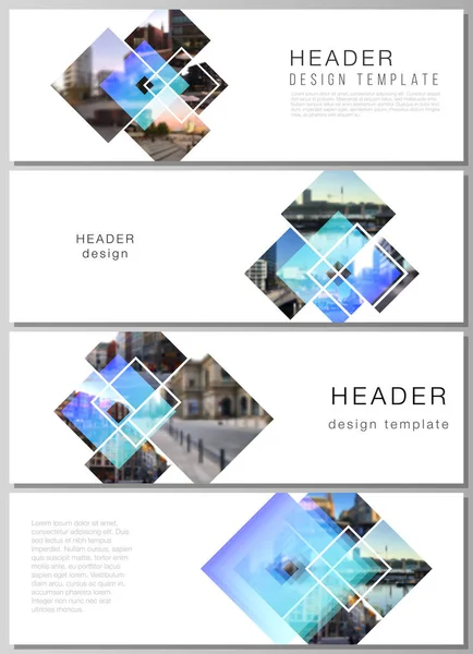 De minimalistische vector illustratie van de bewerkbare lay-out van headers, banner design templates. Creatieve trendy stijl mockups, blauwe kleur trendy design achtergronden. — Stockvector