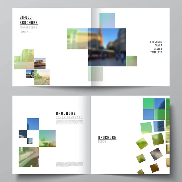 Vector layout of two covers templates for square design bifold brochure, flyer, magazine, cover design, book design, brochure cover. Abstract project with clipping mask green squares for your photo. — Stock Vector
