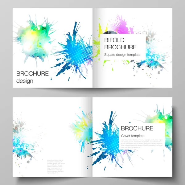 The vector illustration of the editable layout of two covers templates for square design bifold brochure, magazine, flyer, booklet. Colorful watercolor paint stains vector backgrounds. — Stock Vector